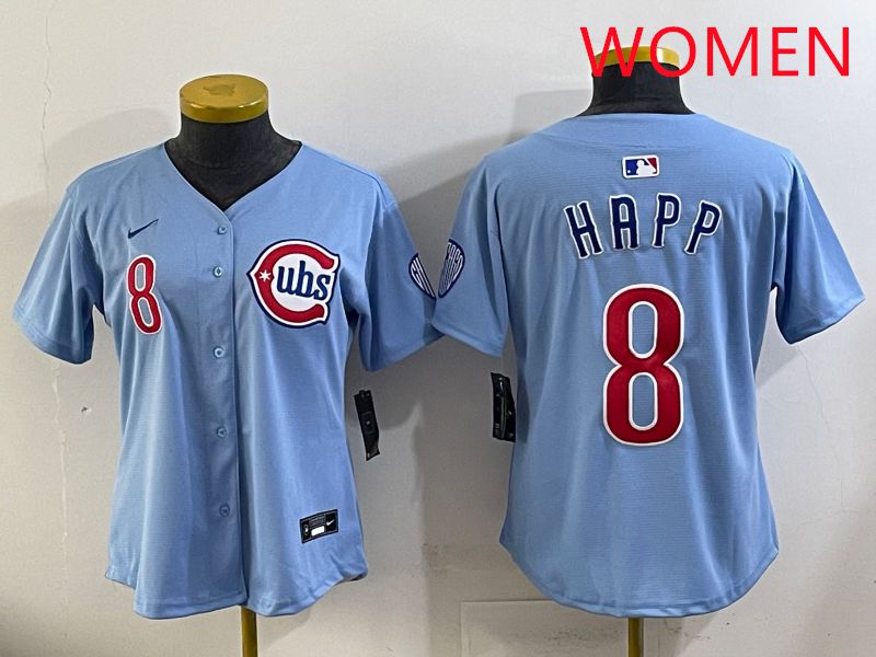Women 2025 Chicago Cubs #8 Happ Light Blue Throwback Game Nike MLB Jersey style 1->women mlb jersey->Women Jersey